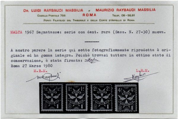 1967 " Croce di malta " Segnatasse cat n. 27/30 dentellatura RARA. Gomma integra, certificato Raybaudi Massilia.