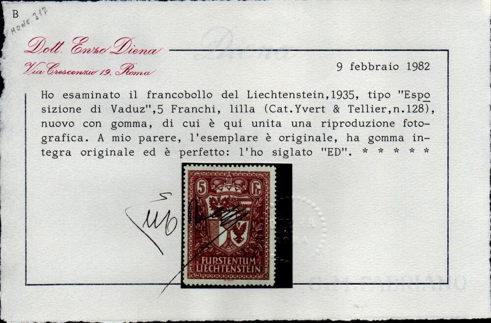 1935 - Stemma tipo del 1934. Gomma integra. Cat n. 128 Certificato E. Diena.