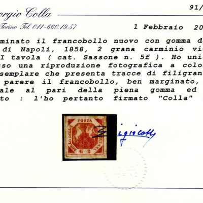 1858  grana  carminio vivo n 5f con piena gomma cert Colla