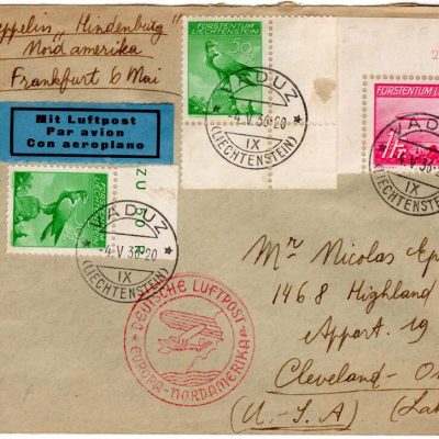 Dirigibile Hindemburg 1 volo in nord america busta affrancata con 2 valori posta aerea 1935 e 1 valore emesso per la traversata
