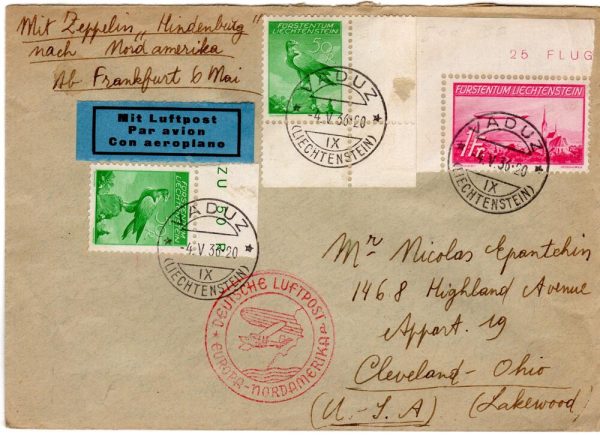 Dirigibile Hindemburg 1 volo in nord america busta affrancata con 2 valori posta aerea 1935 e 1 valore emesso per la traversata