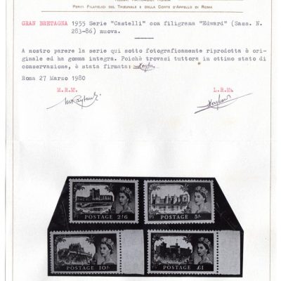 1955 - "Castelli " serie completa 4 valori ,gomma integra.Cat. n. 283/286. Certificato  Raybaudi Massilia
