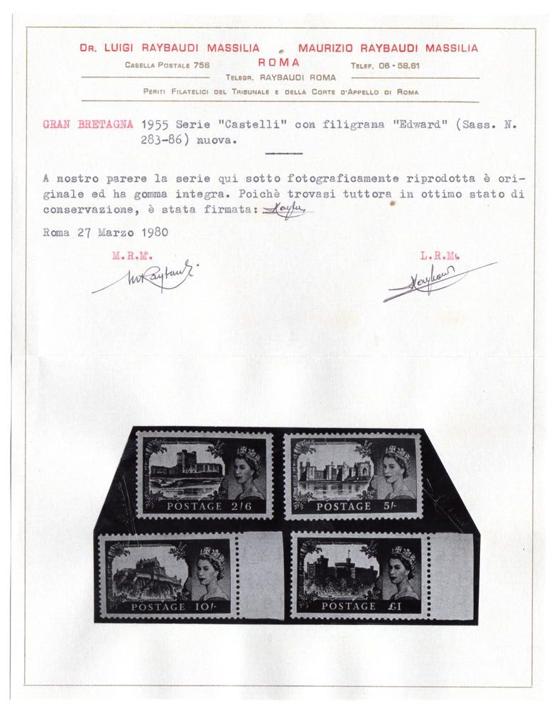 1955 - "Castelli " serie completa 4 valori ,gomma integra.Cat. n. 283/286. Certificato  Raybaudi Massilia