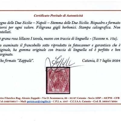 1858 10a grana rosa lillaceo I tavola nuovo con traccia di linguella splendida conservazione Cert. Zappala