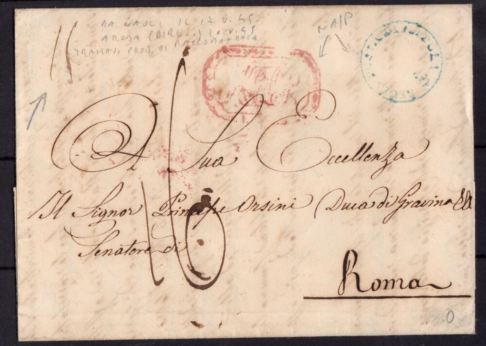 Napoli Maggio 1845 raccomandata da Napoli per Roma diretta al Principe Orsini