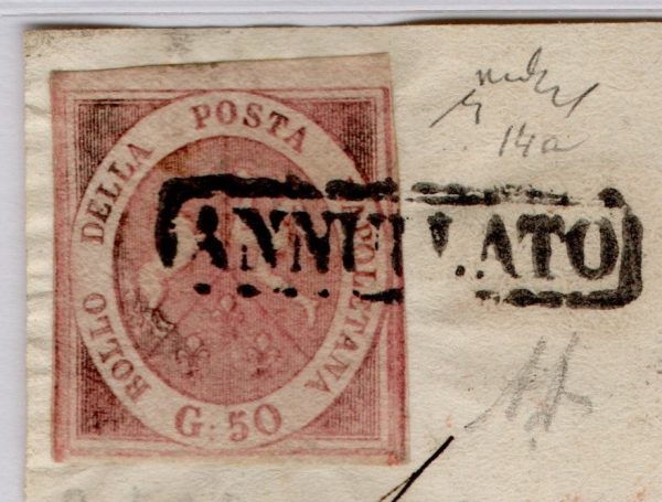 1859 Napoli Regno 50 grana su frammento di lettera certificati sorici