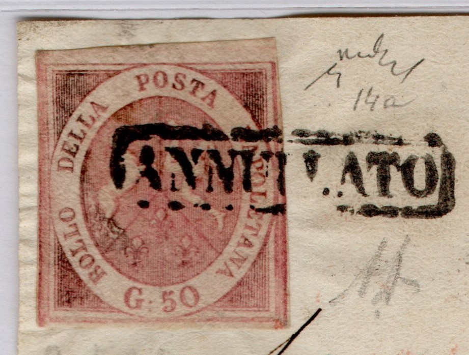 1859 Napoli Regno 50 grana su frammento di lettera certificati sorici