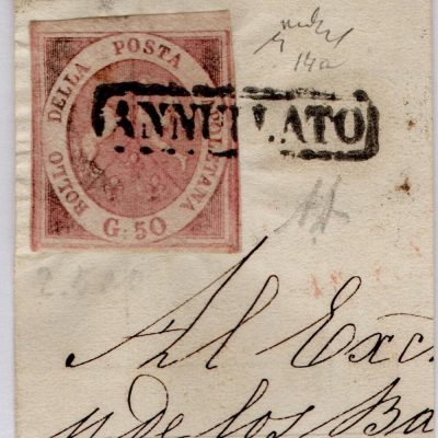 1859 Napoli Regno 50 grana su frammento di lettera certificati sorici