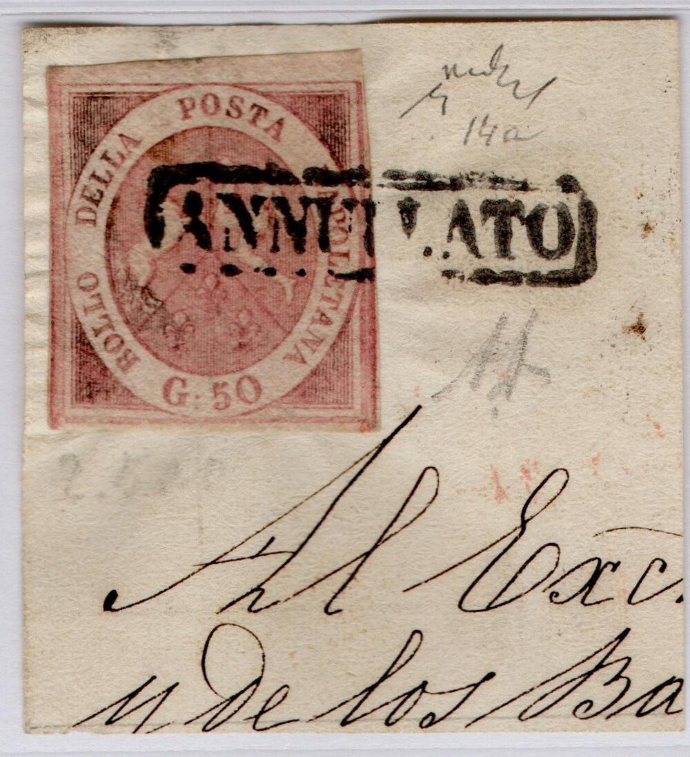 1859 Napoli Regno 50 grana su frammento di lettera certificati sorici