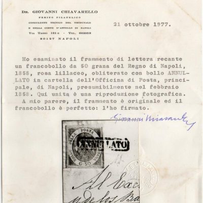 1859 Napoli Regno 50 grana su frammento di lettera certificati sorici