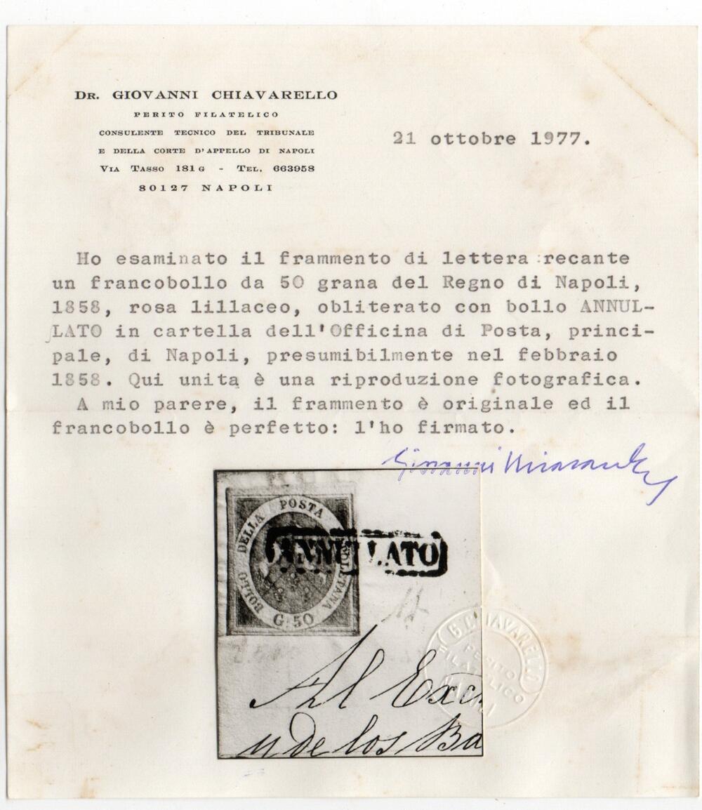1859 Napoli Regno 50 grana su frammento di lettera certificati sorici