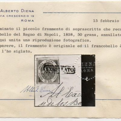 1859 Napoli Regno 50 grana su frammento di lettera certificati sorici