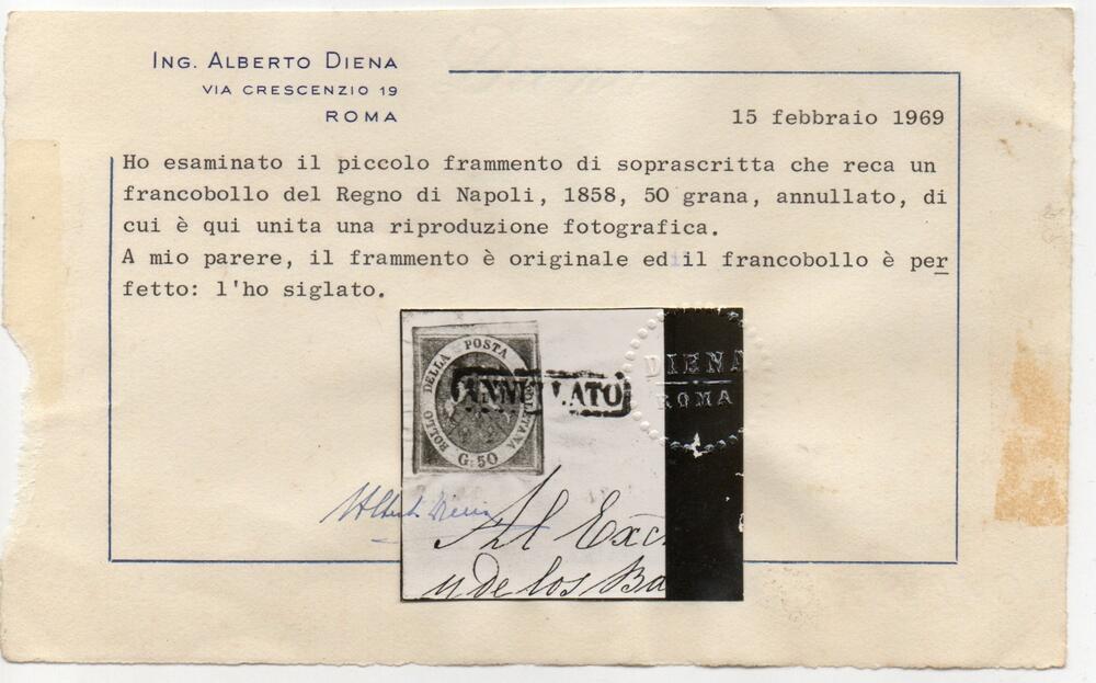 1859 Napoli Regno 50 grana su frammento di lettera certificati sorici