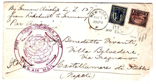 Posta Aerea Zeppelin Busta da New York per Castellammare di Stabia volo intorno al mondo del 1929