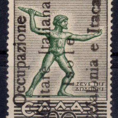 Occupazione italiana emissione di Itaca 20 lepta nero e verde traccia di linguella cert Fabris