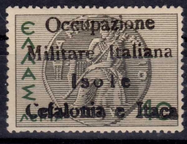 Occupazione italiana emissione di Itaca 40 lepta nero e verde traccia di linguella cert Fabris