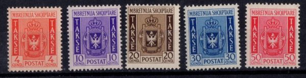 Albania 1940 Segnatasse la serie completa n 40-44 gomma integra cert Merone