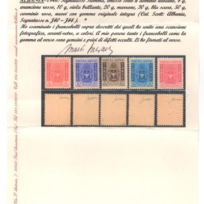 Albania 1940 Segnatasse la serie completa n 40-44 gomma integra cert Merone