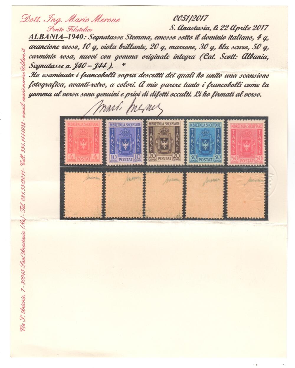 Albania 1940 Segnatasse la serie completa n 40-44 gomma integra cert Merone