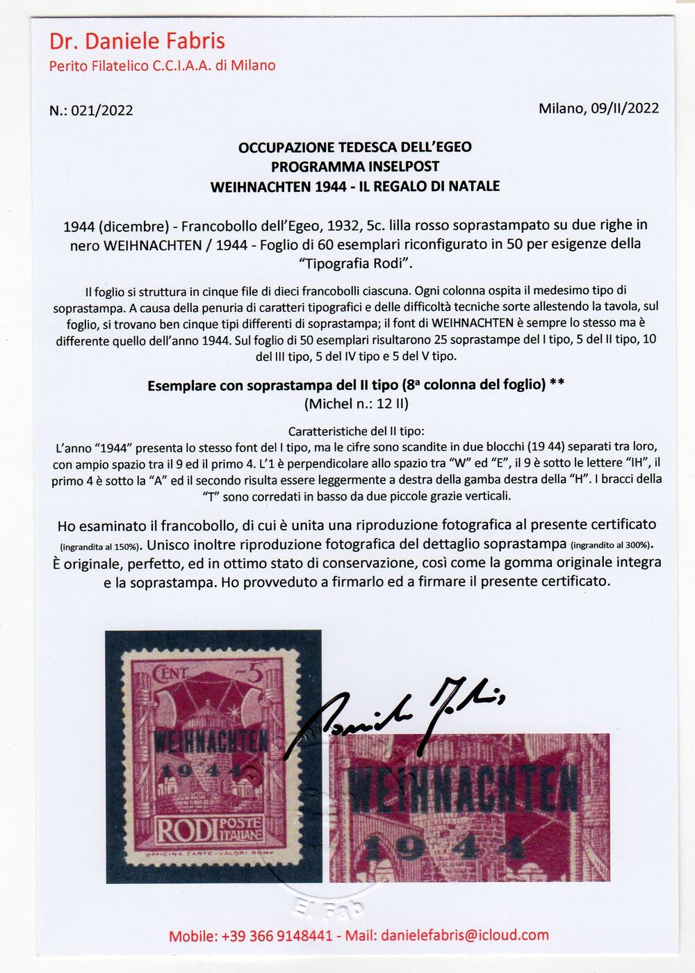 1944 occupazione tedesca dell'Egeo programma inselpost cifre 1944 separate cert Fabris