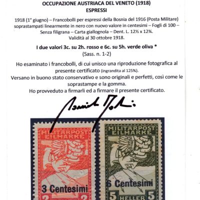 ESPRESSI DI Bosnia soprastampati in centesimi cert Fabris