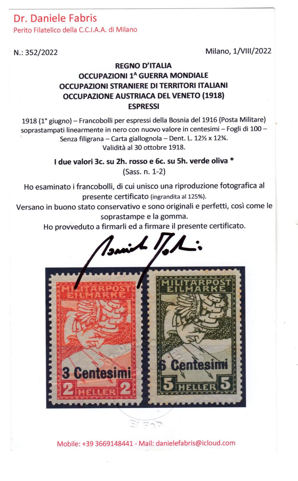 ESPRESSI DI Bosnia soprastampati in centesimi cert Fabris