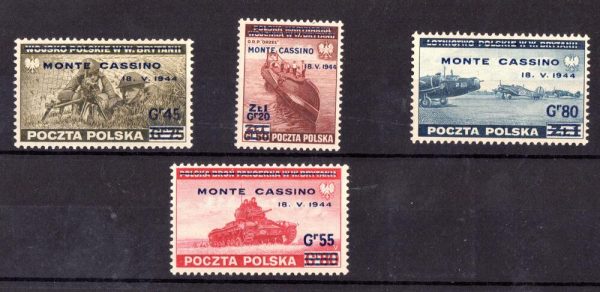 POLONIA 1944 GOVERNO IN ESILIO Soprast. Monte Cassino 4v linguellati