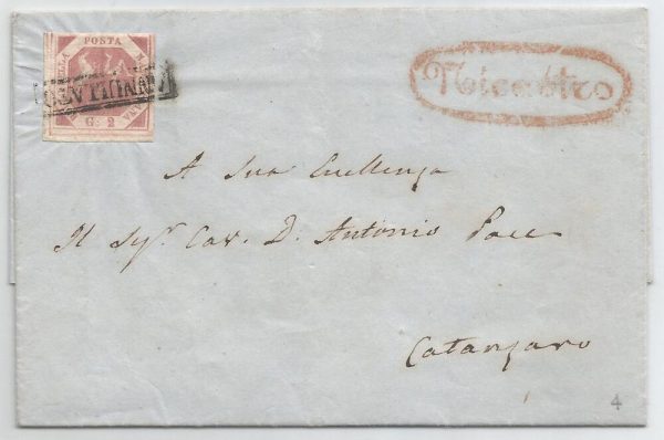 Napoli 1858 21 gennaio (primo mese) 2 grana 2 e  senza filigrana su busta con testo da Nicastro (4P) per Catanzaro