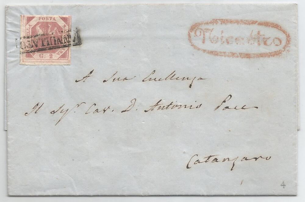 Napoli 1858 21 gennaio (primo mese) 2 grana 2 e  senza filigrana su busta con testo da Nicastro (4P) per Catanzaro