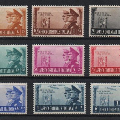 A.O.I. - AFRICA ORIENTALE ITALIANA 1940."FRATELLANZA ". Sassone n. 34/40 + aerea 20 + aerea 21 Linguellata