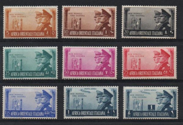 A.O.I. - AFRICA ORIENTALE ITALIANA 1940."FRATELLANZA ". Sassone n. 34/40 + aerea 20 + aerea 21 Linguellata