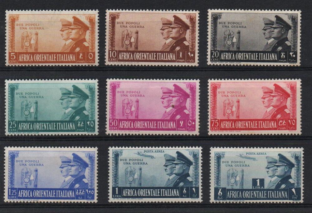 A.O.I. - AFRICA ORIENTALE ITALIANA 1940."FRATELLANZA ". Sassone n. 34/40 + aerea 20 + aerea 21 Linguellata