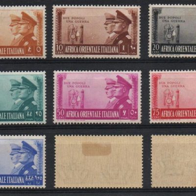 A.O.I. - AFRICA ORIENTALE ITALIANA 1940."FRATELLANZA ". Sassone n. 34/40 + aerea 20 + aerea 21 Linguellata