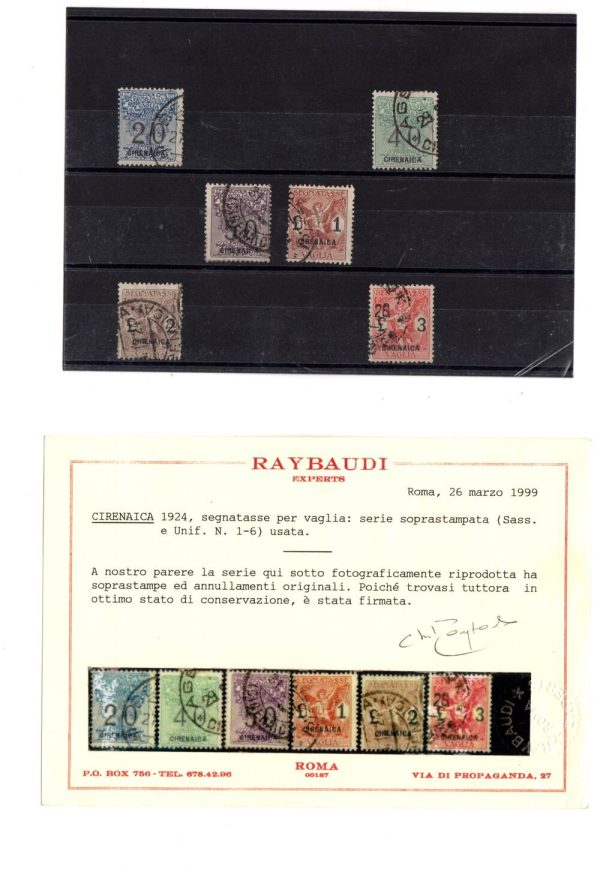 Segnatasse per vaglia 1/6 timbrata cert. Raybaudi