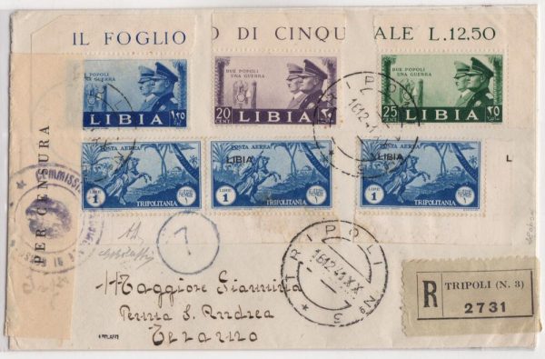 Libia Busta raccomandata da Tripoli per Teramo con la rarissima varietà senza soprastampa del valore da 1 lira posta aerea Tripolitania in coppia con il normale e con il valore omologo con la L di Libia sul bordo insieme di grandissima rarità