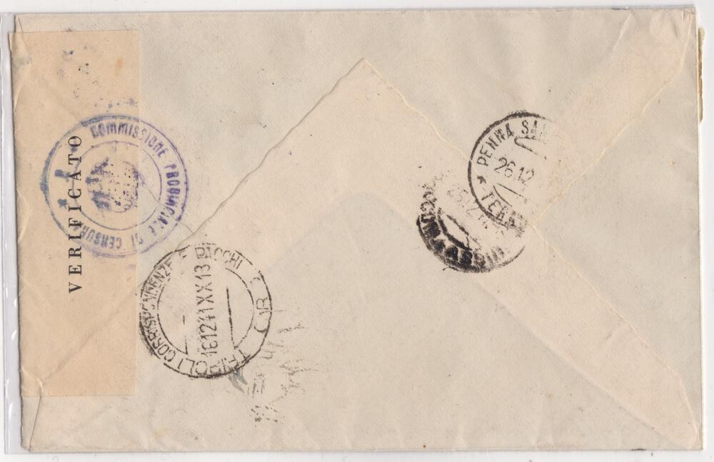 Libia Busta raccomandata da Tripoli per Teramo con la rarissima varietà senza soprastampa del valore da 1 lira posta aerea Tripolitania in coppia con il normale e con il valore omologo con la L di Libia sul bordo insieme di grandissima rarità