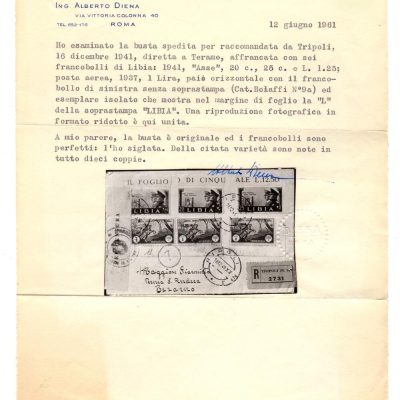Libia Busta raccomandata da Tripoli per Teramo con la rarissima varietà senza soprastampa del valore da 1 lira posta aerea Tripolitania in coppia con il normale e con il valore omologo con la L di Libia sul bordo insieme di grandissima rarità