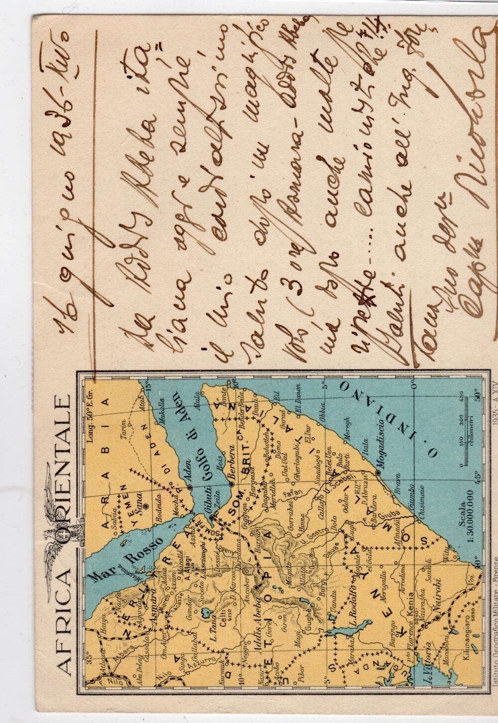Cartolina Postale da Addis Abeba a Genova  Affrancata con 25-30-50  cent emissione Etiopia