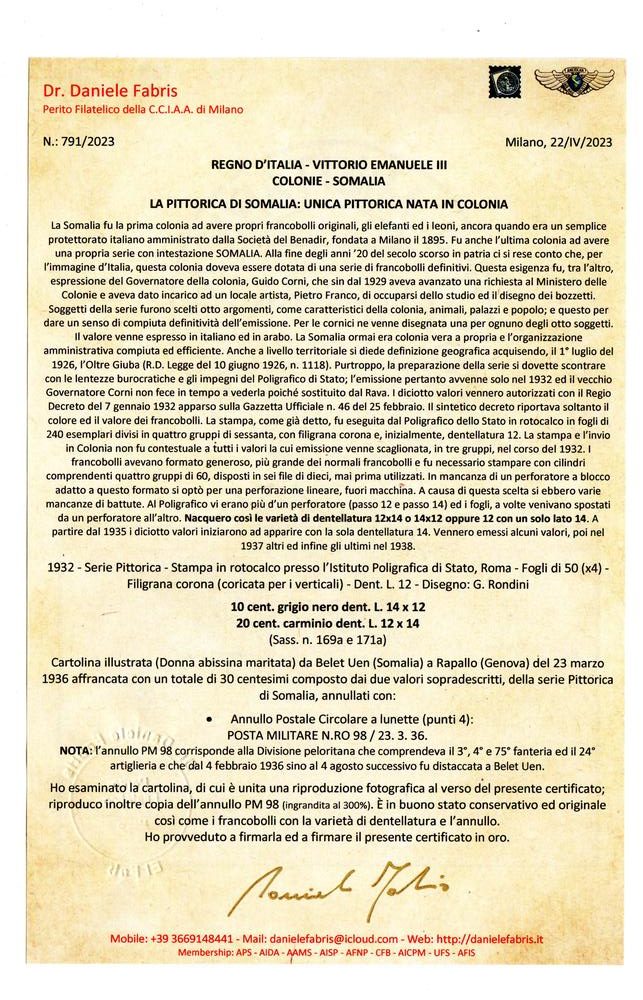 Cartolina da Bellet Uen per Rapallo affrancata con i valori 169a  171a rara combinazione cert Fabris firma Caffaz