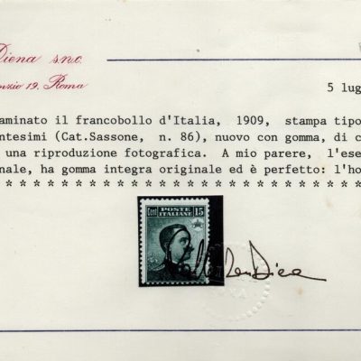 Regno 1901 - RE V. EMANUELE III “ Effigie di V.E.III ”Sassone n. 86. Integro.Certificato fotografico Diena.