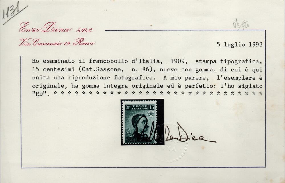 Regno 1901 - RE V. EMANUELE III “ Effigie di V.E.III ”Sassone n. 86. Integro.Certificato fotografico Diena.