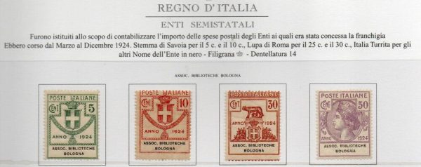 Regno 1924 -  PARASTATALI - ASSOCIAZIONE BIBLIOTECHE BOLOGNA Serie completa 4 valori nuovi, cat. Sassone n. 1/4, (solo i val n 1+n 4 tl)
