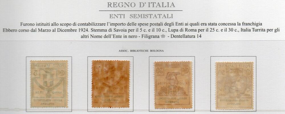 Regno 1924 -  PARASTATALI - ASSOCIAZIONE BIBLIOTECHE BOLOGNA Serie completa 4 valori nuovi, cat. Sassone n. 1/4, (solo i val n 1+n 4 tl)