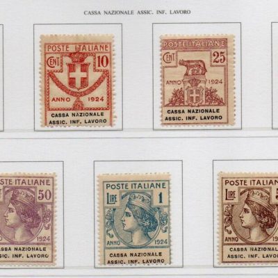 Regno 1924 - PARASTATALI - CASSA NAZ. ASS. INFORTUNI LAVORO . Serie completa 7 valori,integra. Catalogo n. 17/23( solo il n. 23 è TL)
