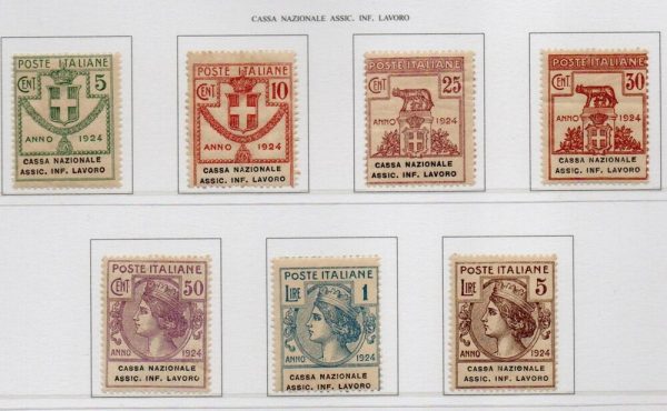 Regno 1924 - PARASTATALI - CASSA NAZ. ASS. INFORTUNI LAVORO . Serie completa 7 valori,integra. Catalogo n. 17/23( solo il n. 23 è TL)