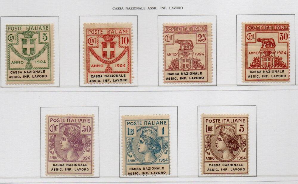 Regno 1924 - PARASTATALI - CASSA NAZ. ASS. INFORTUNI LAVORO . Serie completa 7 valori,integra. Catalogo n. 17/23( solo il n. 23 è TL)