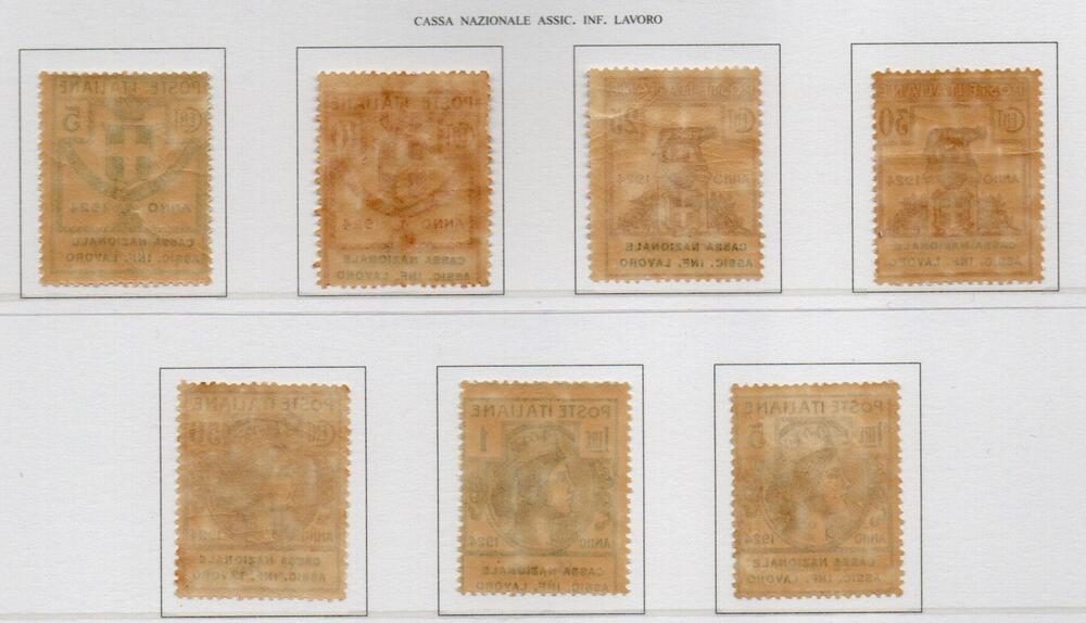 Regno 1924 - PARASTATALI - CASSA NAZ. ASS. INFORTUNI LAVORO . Serie completa 7 valori,integra. Catalogo n. 17/23( solo il n. 23 è TL)