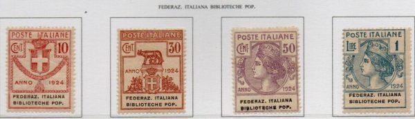 Regno 1924 - PARASTATALI - FEDERAZIONE IT BIBLIOTECHE POPOLARI - Serie completa 4 valori,INTEGRA cat. Sassone n. 34/37