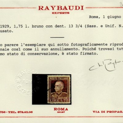 Regno 1929 - " Effigie di Vitt. Em III " tipo del n. 214. Sassone n. 242,dentellato 13 ¾ . Annullato,Firmato Diena/Raybaudi. Certificato fotografico Raybaudi.