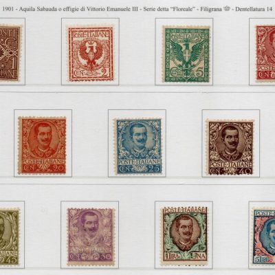 1901 - RE VITTORIO EMANUELE III “ FLOREALE ”Sassone n. 68/78. Stampa tipografica in fogli da 100 esemplari (x4) .Filigrana corona dentellatura 14.Linguellati.Certificati fotografici Diena/Biondi